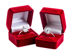 Luxury Red Velvet Ring Case with Sparkling Diamond Ring isolated on transparent background