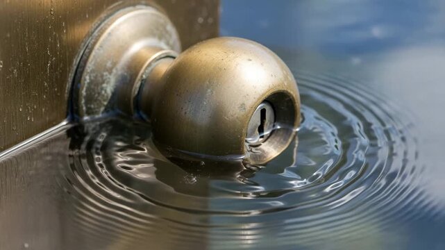 A close-up of a bronze doorknob partially submerged in water, creating ripples. The scene symbolizes the impact of flooding and climate extremes.