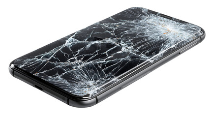 Black smartphone with a cracked screen isolated on transparent background