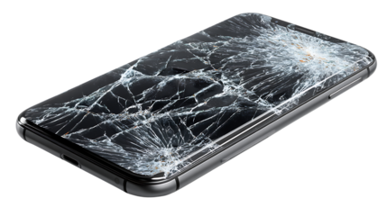 Black smartphone with a cracked screen isolated on transparent background
