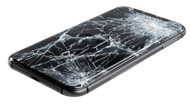 Black smartphone with a cracked screen isolated on transparent background
