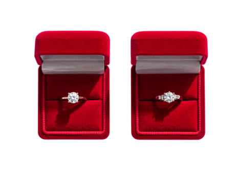 Red Velvet Proposal Box Displaying Brilliant Diamond Ring isolated on transparent background