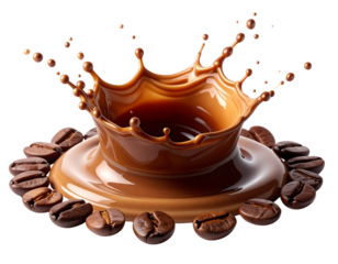 Fresh Coffee Explosion with Beans Isolated on White PNG