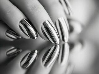 Elegant metallic chrome nails with a glossy finish reflecting on a shiny surface, showcasing modern and stylish manicure design in monochrome tones