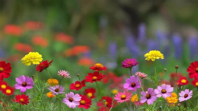 Vibrant assortment of colorful flowers in a summer meadow create a cheerful and bright nature scenery, featuring red, yellow, pink and orange blossoms with green stems.