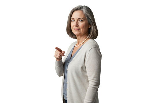 Isolated confident senior businesswoman pointing forward with leadership authority - Powered by Adobe