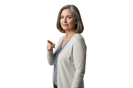 Isolated confident senior businesswoman pointing forward with leadership authority - Powered by Adobe