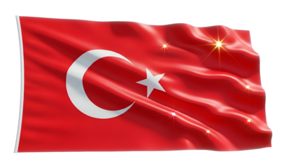 Red flag with white crescent moon and star, waving with light highlights against black