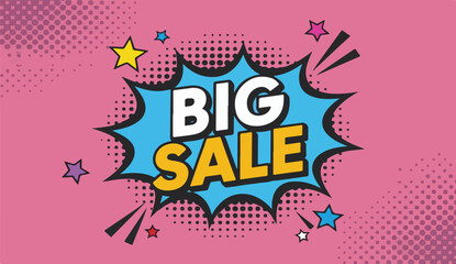 Pop Art Style Banner with "BIG SALE" Text in Explosion Speech Bubble on a Pink Background with Stars and Halftone Dots.