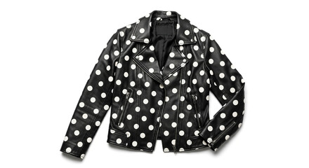 Stylish black leather jacket with playful white polka dots for a retro fashion statement, ideal for adding a touch of whimsy and vintage flair to any outfit