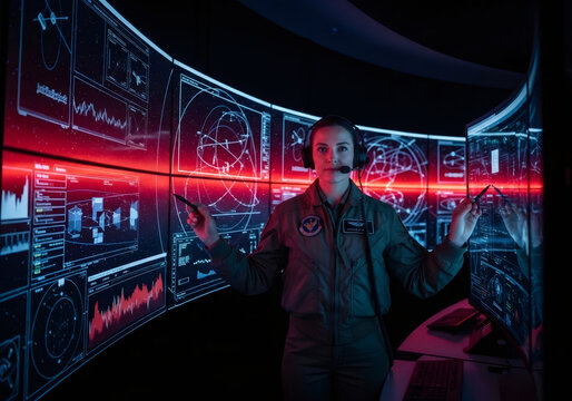 Woman wearing headset indicating futuristic screen. Space mission control room with data visual. Cyber security and digital analysis concept.