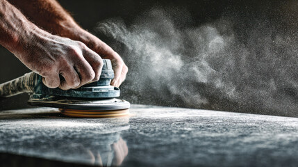 Skilled craftsman polishing a granite countertop with an electric buffer creating a cloud of fine dust in a workshop environment