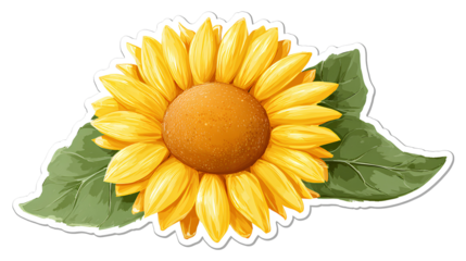 Sunflower isolated on blank background bright yellow petals brown center green leaves vibrant floral sticker design