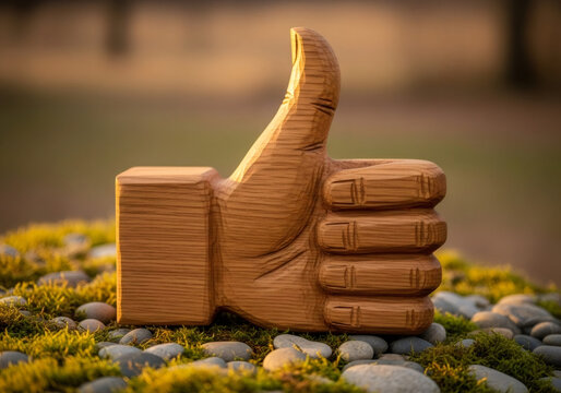 Wooden hand making a thumbs up gesture on a bed of moss and pebbles. Symbol of approval, like, or excellent for social media and website design.