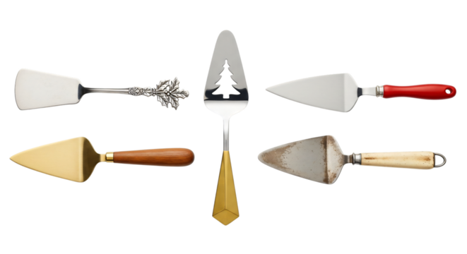Collection of various cake servers and spatulas, including festive and decorative designs, for serving desserts and pastries, isolated on transparent background