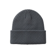 a slate grey-blue heathered, finely ribbed knit wool docker beanie hat with a thick cuff, isolated on a transparent studio background, high-end catalog style. Concept for commercial product