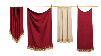 Red and beige fabrics with golden trim hanging on a clothesline isolated on transparent background