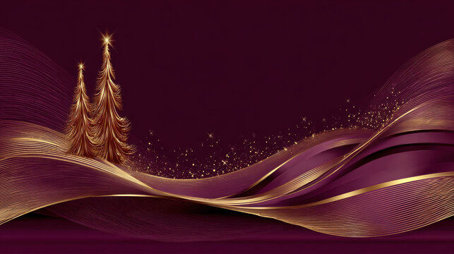 Elegant Christmas and New Year Greeting Card. A beautiful greeting card design with golden Christmas trees and flowing lines on a burgundy background, ideal for the holidays.