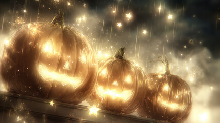 Glowing Halloween pumpkins with sparkling stars create festive holiday. illuminated jack-o'-lanterns shine brightly, surrounded by falling stars, perfect for Halloween celebrations trick-or-treating