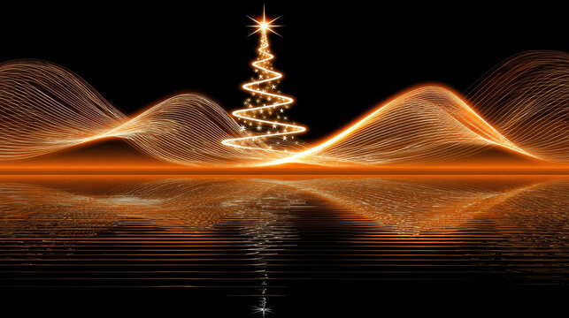 Abstract Christmas Tree with Glowing Lights. An abstract Christmas tree made of glowing lights against a black background, perfect for holiday greetings and celebrations.