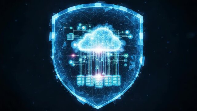 Digital cloud data storage and cyber security shield illustration
