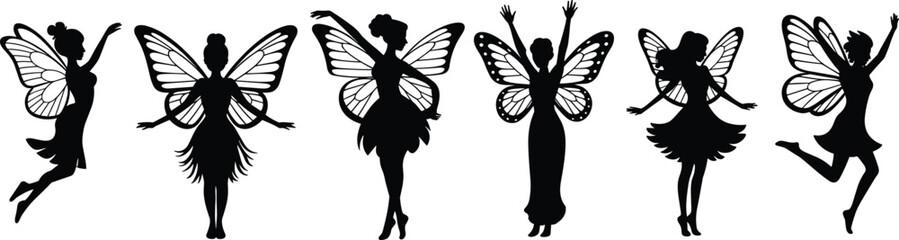 Magical fairy silhouettes vector set, whimsical flying fantasy pixie wings, elegant dance, butterfly, woodland spirit, enchantment.