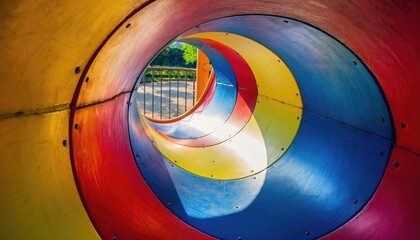 Colorful Spiral Slide Perspective from Inside a Playground Structure