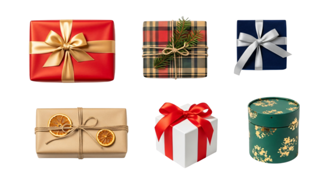 Six gift boxes, wrapped in red, plaid, blue, kraft, white, and green, adorned with bows and festive decorations, isolated on transparent background