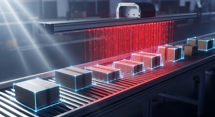 Automated Production Line: Conveyor belt carries parcels through a high-tech automated production line, showcasing efficiency and precision.