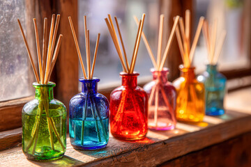 Vibrant colorful glass bottles with aromatic reed diffusers arranged on rustic wooden windowsill lit by warm sunlight for home fragrance and decor