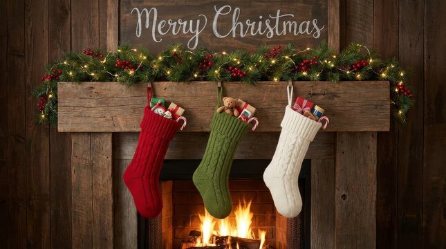 Festive Fireplace with Christmas Stockings - Cozy Christmas scene with stockings hung by the fireplace, lit by warm firelight and decorated with festive garlands
