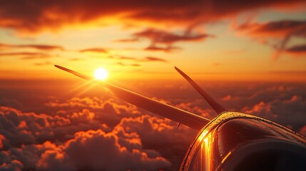 A closeup shows a horizontal axis wind turbine with a vibrant sunset backdrop, suggesting renewable energy and environmental awareness. Golden light bathes the turbine in a warm glow