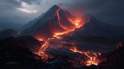 Naklejka premium Majestic Active Volcano Erupting Lava Flow at Dusk with Dark Clouds