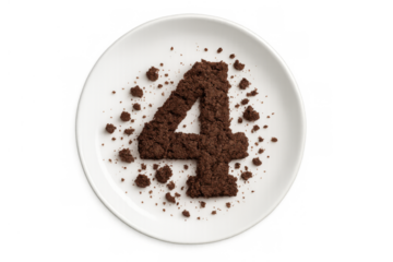 Number four (4) made from chocolate cookie crumbs on a plate symbolizing birthdays and anniversaries, transparent background