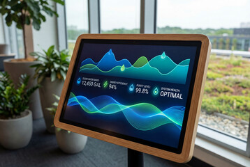 Eco water technology dashboard displaying metrics with clean water saved, energy efficiency, purity level, and system health optimal in modern office