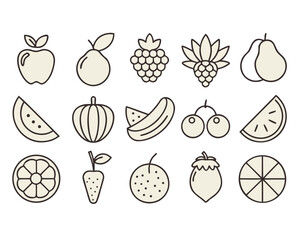 Linear vector set of fruit and vegetable icons with subtle fill