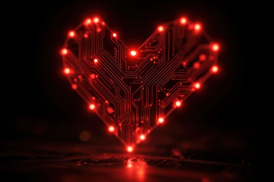 Glowing Red Circuit Board Heart: Love and Technology - Powered by Adobe