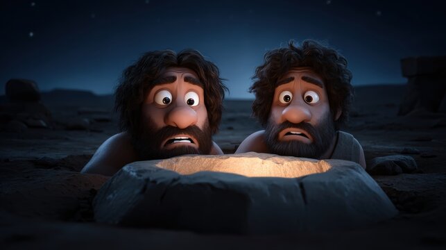 In this whimsical scene, two animated Neanderthals marvel at a glowing fire pit under a starry sky, capturing the excitement of prehistoric discovery and human ingenuity.