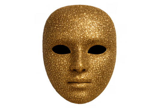 Golden glitter face mask for carnival, masquerade, costume party or celebration with transparent background