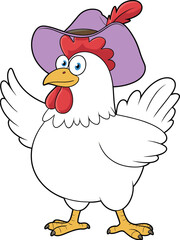 Funny chicken wearing purple hat with feather, cartoon farm animal character, cheerful poultry illustration, flat vector