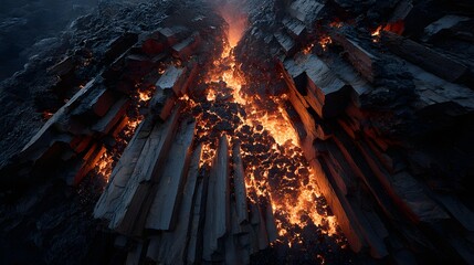 Erupting Lava Flow on Volcanic Rock Surface in Dramatic Landscape