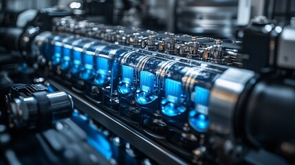 A closeup showcases the intricate components of a hydrogen fuel cell stack, highlighting its advanced engineering and clean energy technology. The detailed view emphasizes innovation and