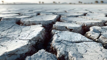 Cracked Earth Surface in Dry Landscape Under Bright Blue Sky