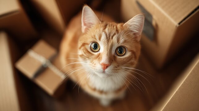 Adorable Cat Relaxing in New Home with Moving Boxes - Powered by Adobe