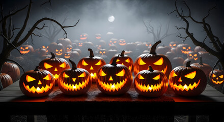 Spooky carved pumpkins glowing with warm light on a dark, foggy night, ready for Halloween celebrations.
