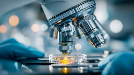 Illuminated petri dish under advanced microscope with researcher examining specimen for scientific study in modern laboratory setting