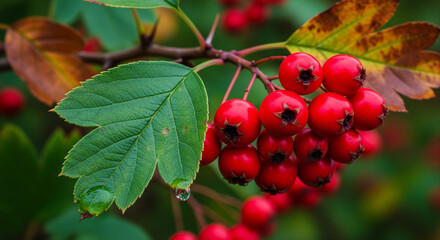 Fototapeta premium Autumn hawthorn branch with red berries and green leaves, perfect for nature-themed designs, herbal medicine illustrations, seasonal promotions and fall mood boards.