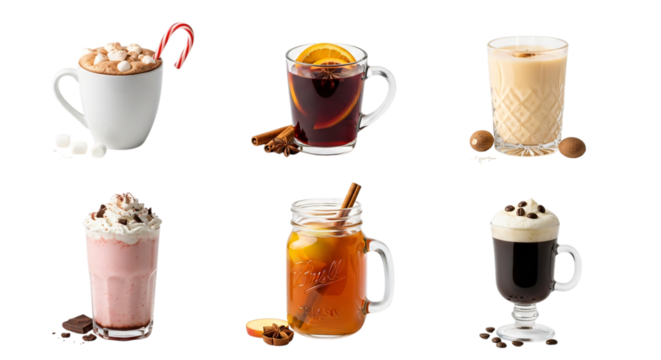 A collection of six diverse hot and cold beverages, including hot chocolate, mulled wine, eggnog, milkshake, and coffee, isolated on transparent background