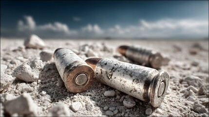 Close-Up View of Spent Bullets on Sandy Ground Under Bright Sky