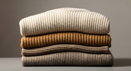 Cozy stack of folded knit sweaters in warm neutral tones, perfect for autumn fashion.